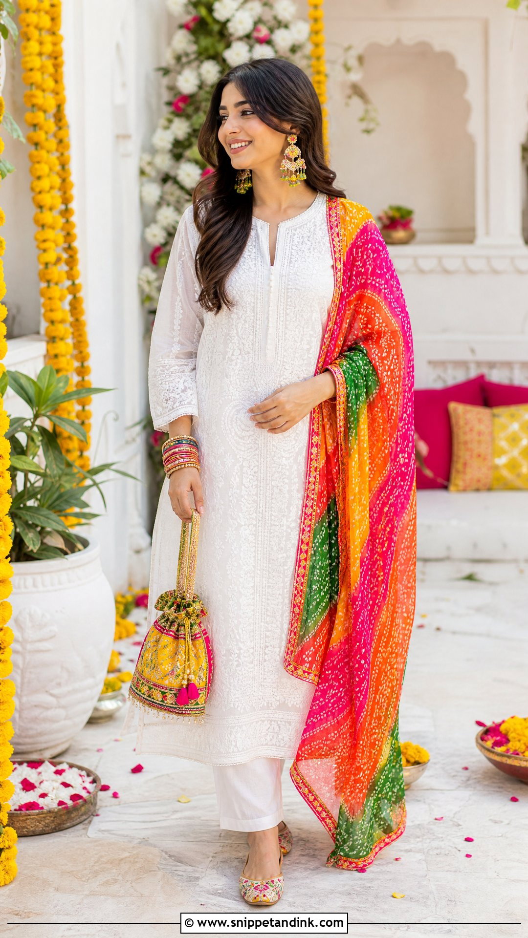 White Kurta With Colorful Dupatta For Mehendi - Snippet and Ink - 20 Simple Mehendi Outfits