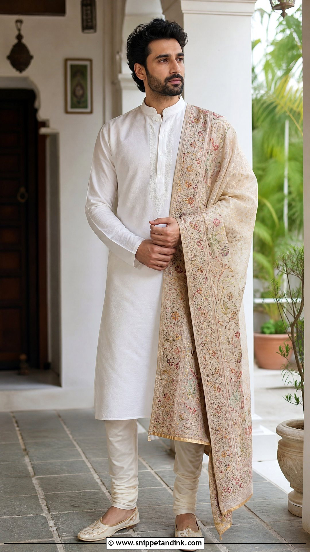 White Kurta With Embroidered Shawl - Snippet and Ink - 25 Indian Bride Brother Outfit Ideas