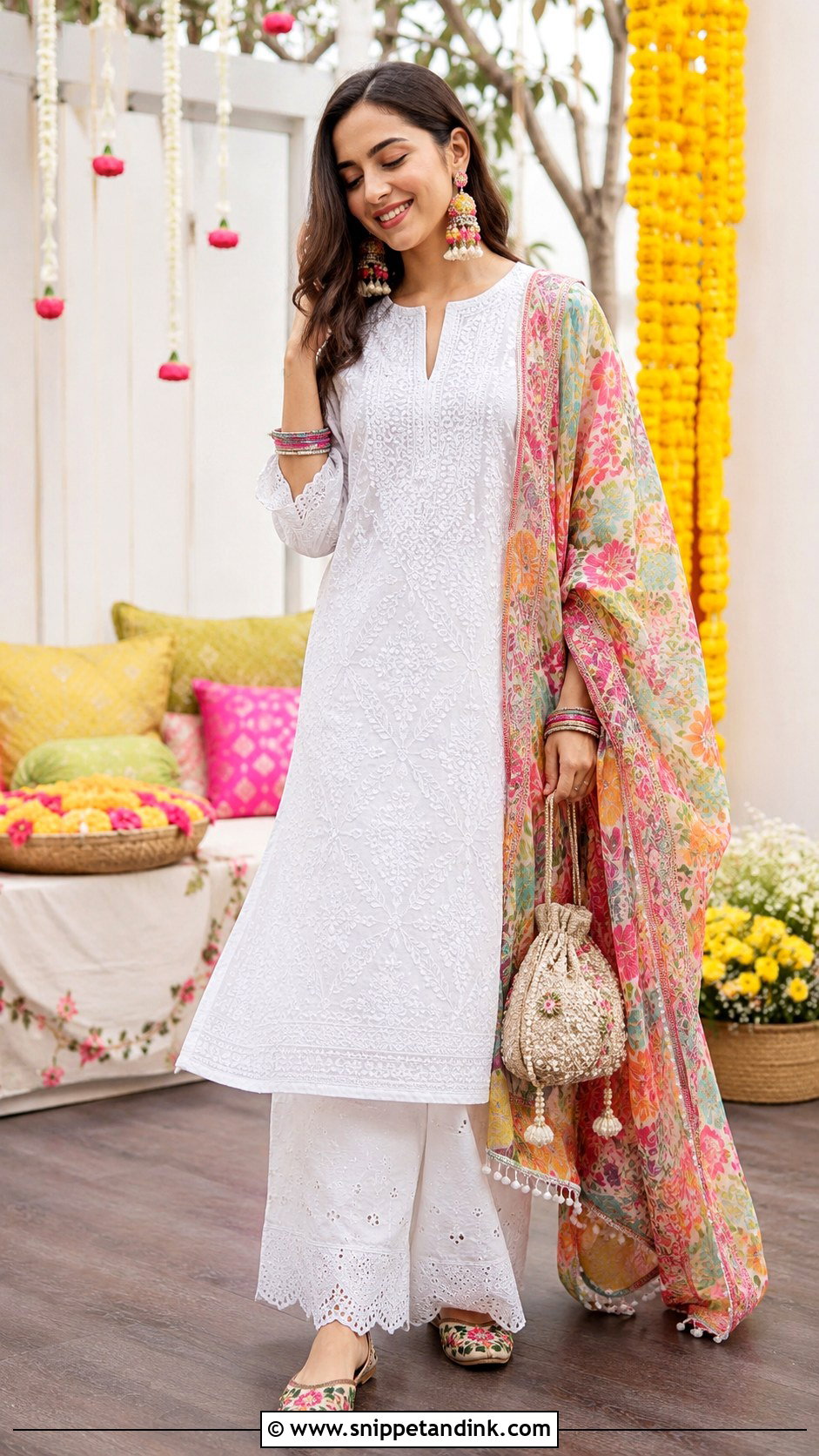 White Kurta With Floral Dupatta Mehndi Outfit - Snippet and Ink - 20 Mehndi Day Outfits