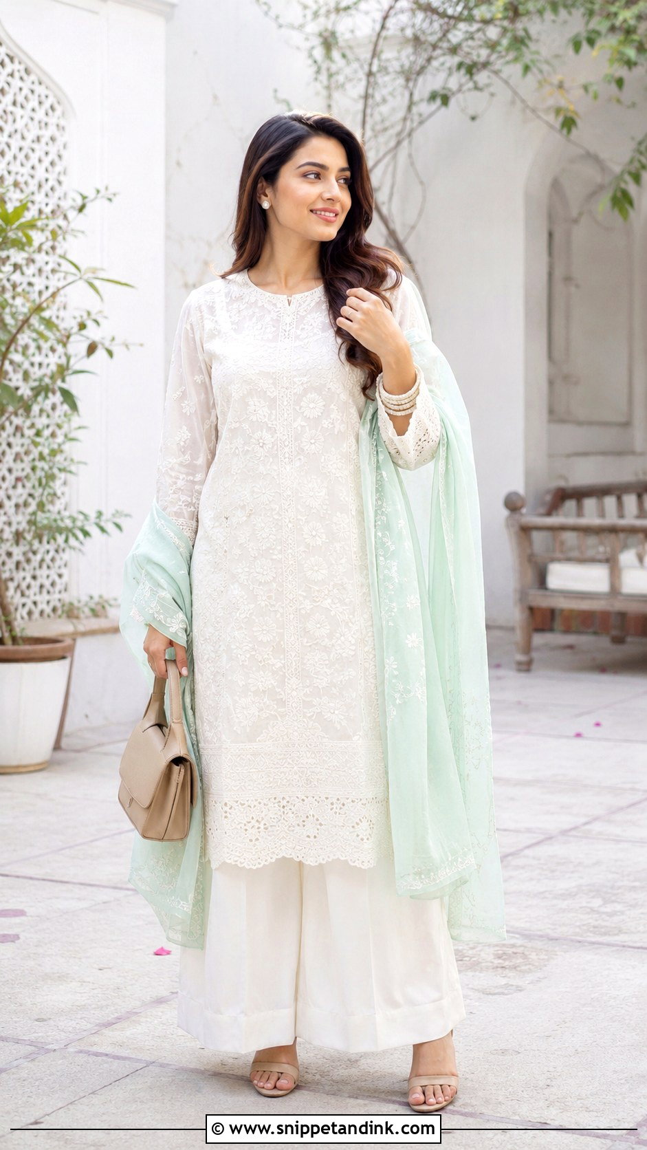 White Kurta With Palazzo Pants Outfit - Snippet and Ink - 30 Eid Mubarak Outfit Ideas
