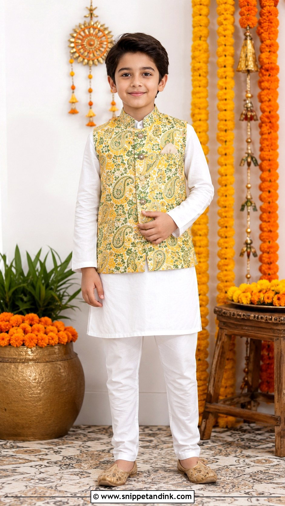 White Kurta With Printed Jacket For Boys - Snippet and Ink - 25 Mehndi Dress for Boys Ideas