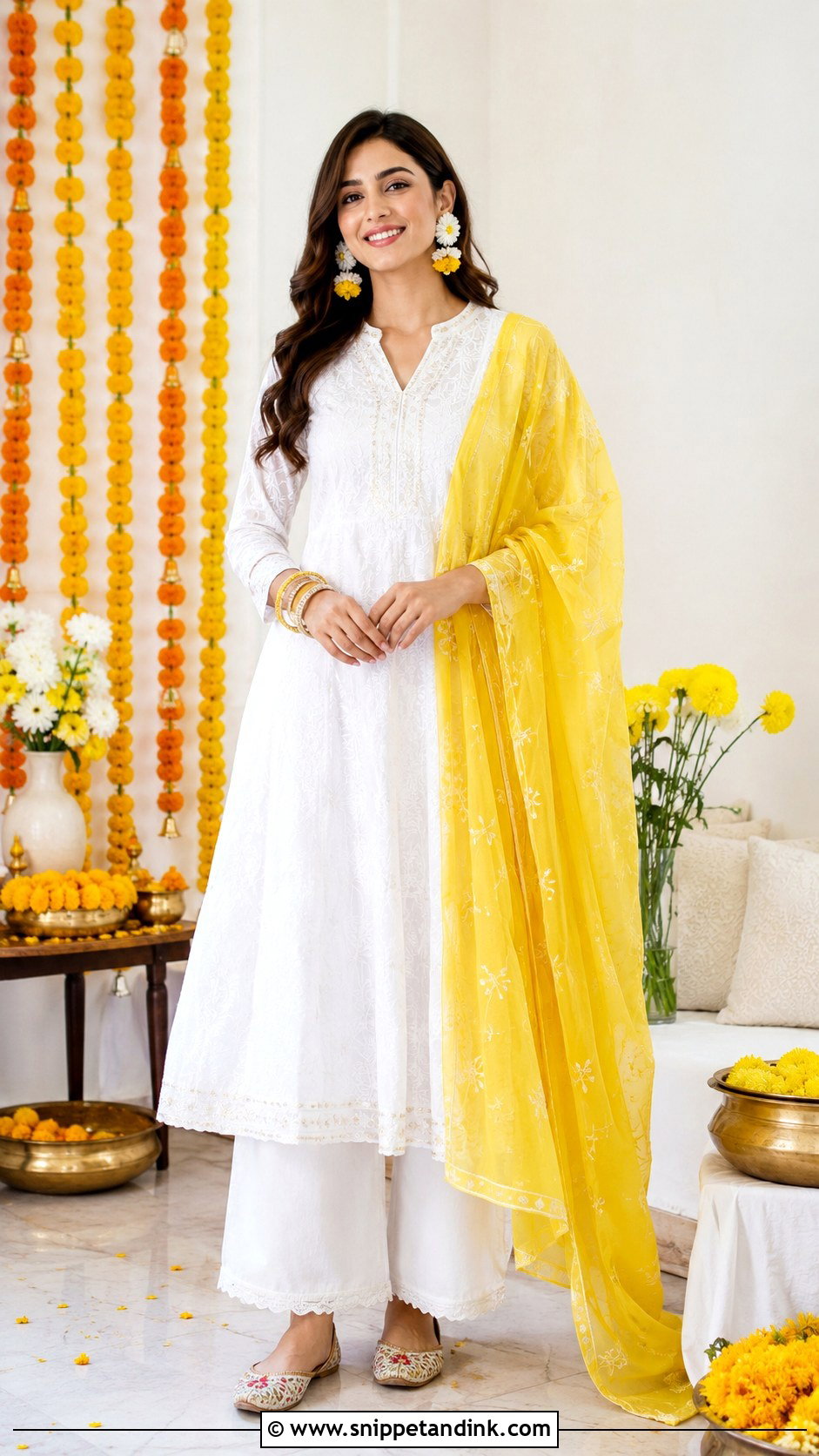 White Kurta With Yellow Dupatta For Bride Sister - Snippet and Ink - 30 Haldi Outfit for Bride Sister Ideas