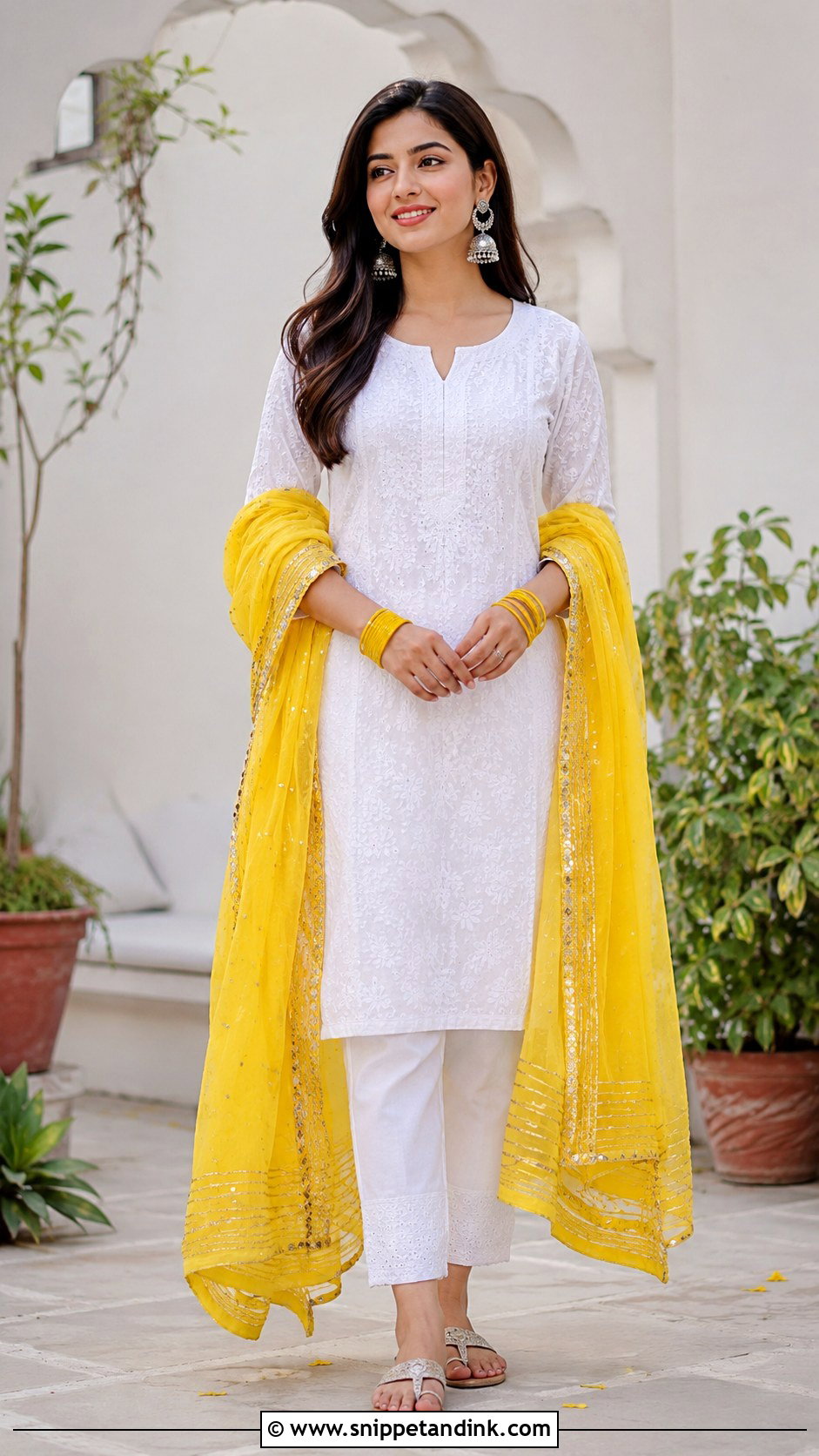 White Kurta With Yellow Dupatta For Haldi - Snippet and Ink - 25 Indian Haldi Outfit Ideas