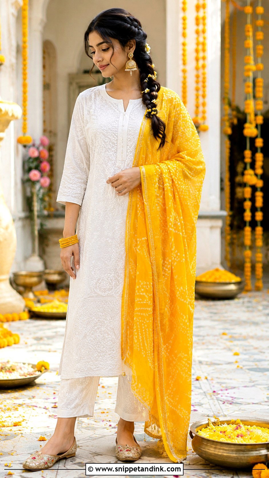White Kurta With Yellow Dupatta Haldi Outfit - Snippet and Ink - 20 Haldi Ceremony Outfit for Girls Ideas