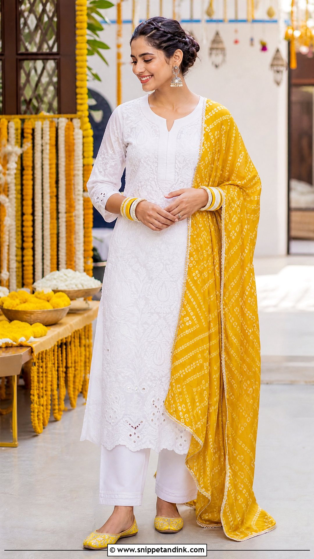 White Kurta With Yellow Dupatta Haldi Outfit - Snippet and Ink - 20 Simple Haldi Ceremony Outfit for Sister Ideas