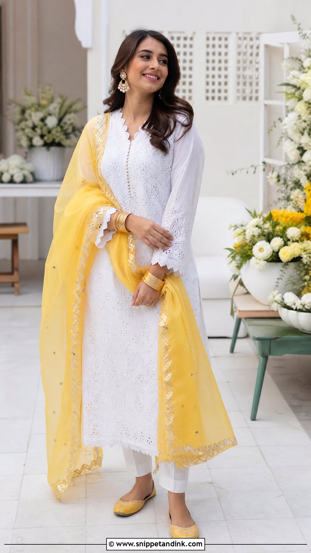 White Kurta With Yellow Dupatta Haldi Outfit - Snippet and Ink - 20 Pakistani Haldi Outfit Ideas
