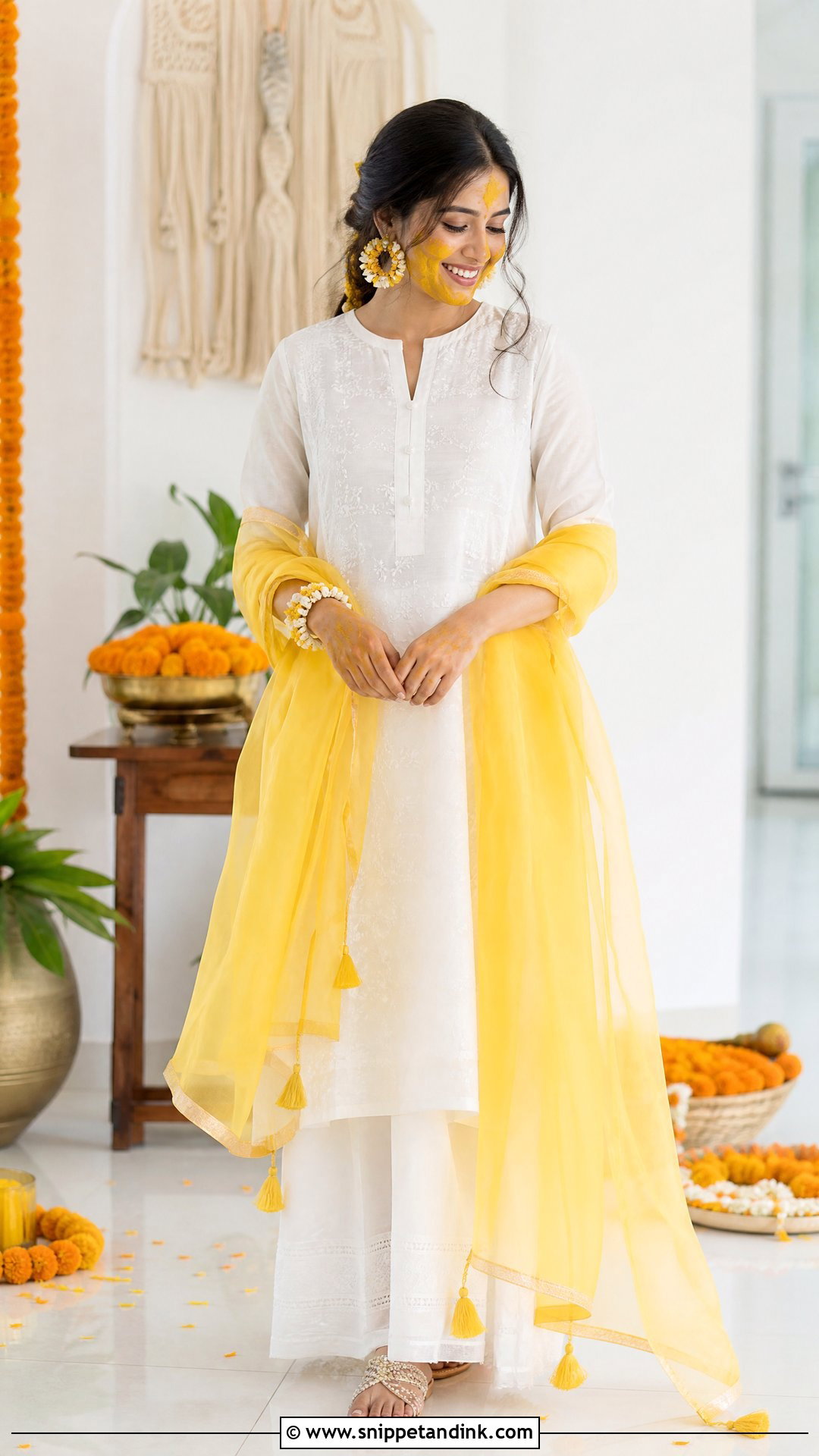 White Kurta With Yellow Dupatta Pithi Outfit For Bride - Snippet and Ink - 25 Pithi Outfit Brides Ideas
