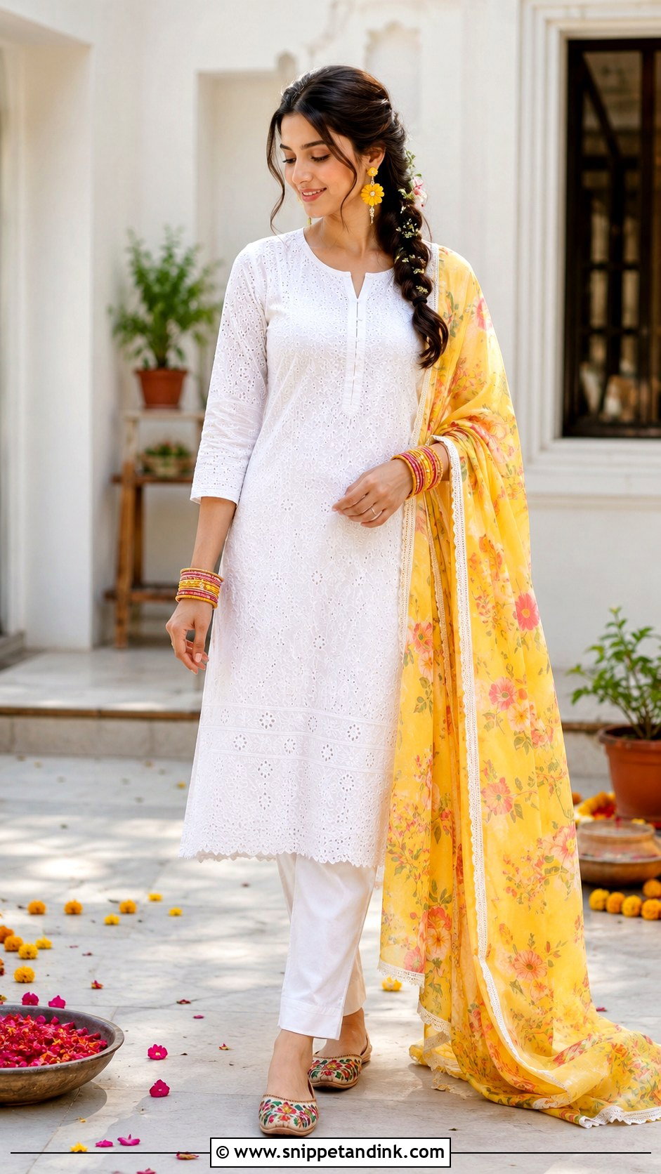 White Kurta With Yellow Dupatta for Haldi - Snippet and Ink - 20 Haldi Theme Dress Ideas