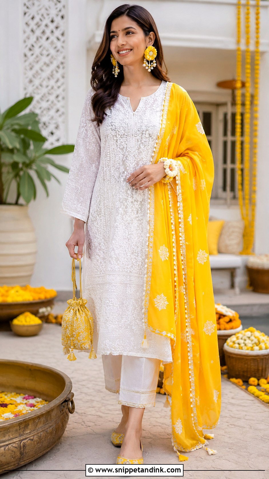 White Kurta With Yellow Dupatta for Haldi - Snippet and Ink - 20 Haldi Function Dress for Sister Ideas