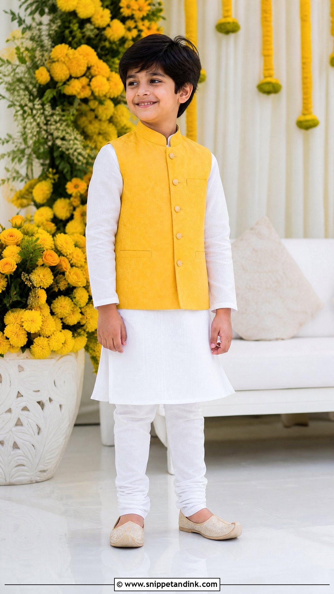 White Kurta With Yellow Nehru Jacket Haldi Outfit - Snippet and Ink - 20 Boys Haldi Outfit Ideas