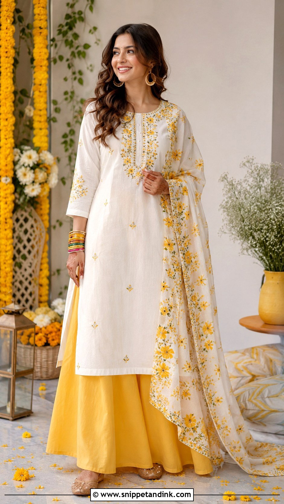 White Kurta With Yellow Palazzo Pants - Snippet and Ink - 20 White and Yellow Haldi Outfit Ideas