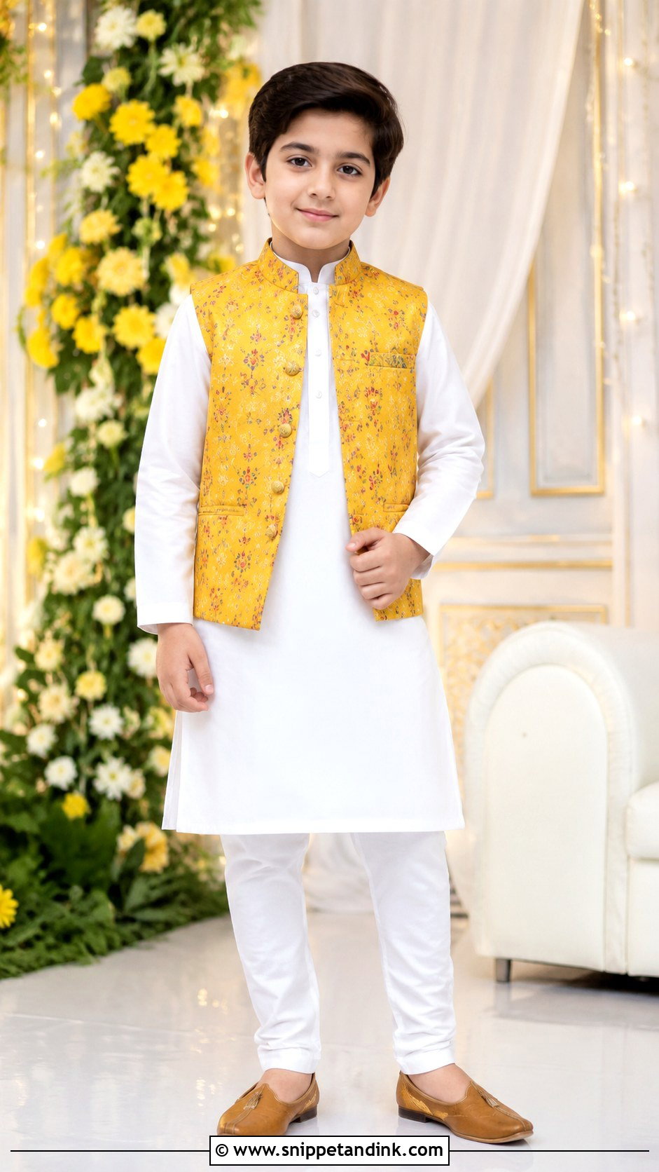 White Kurta With Yellow Waistcoat For Boys - Snippet and Ink - 25 Mehndi Dress for Boys Ideas