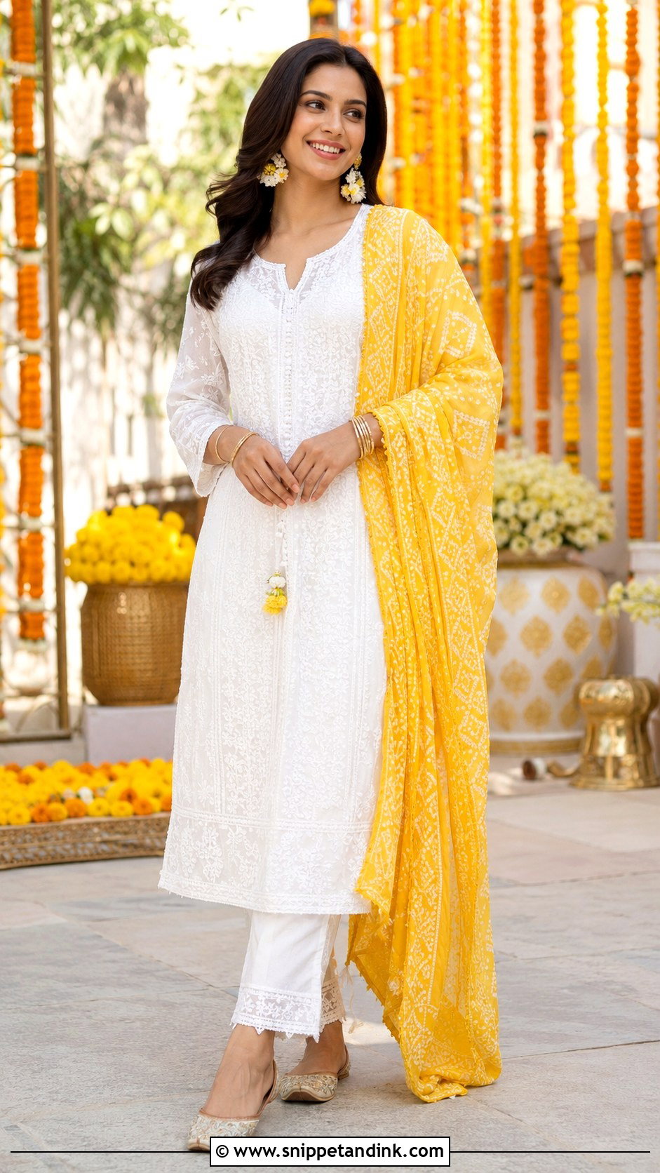 White Kurta Yellow Dupatta Haldi Outfit - Snippet and Ink - 20 Haldi Rasam Dress Ideas