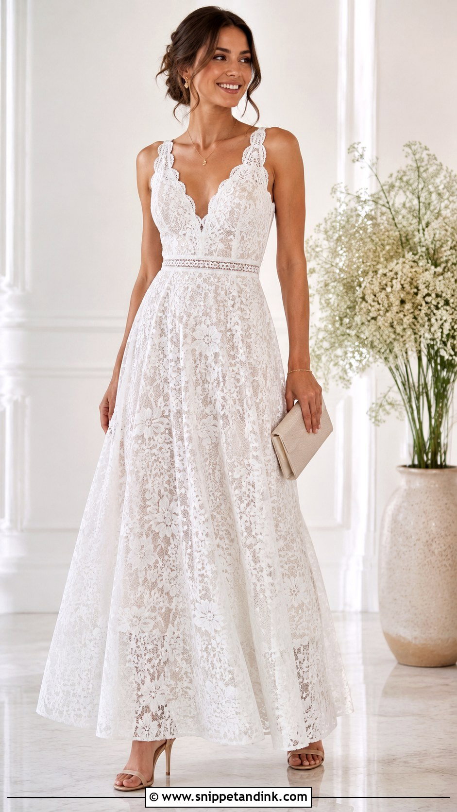 White Lace A Line Gown With Nude Heels - Snippet and Ink - 30 White Lace Gown Ideas