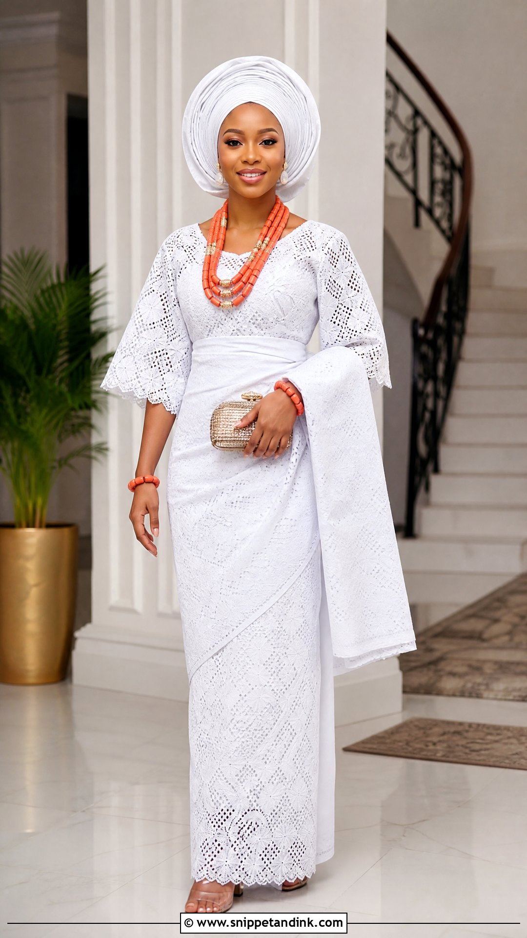 White Lace And Coral Beads Outfit - Snippet and Ink - 20 Yoruba Introduction Outfit Ideas