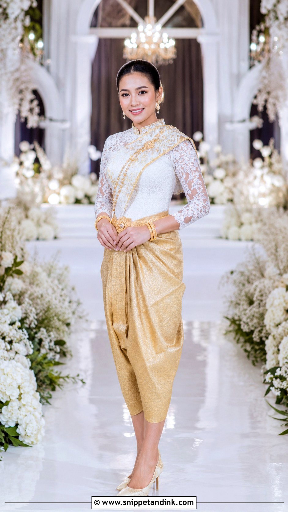 White Lace And Gold Sampot Wedding Dress - Snippet and Ink - 20 Cambodian Wedding Dress Ideas