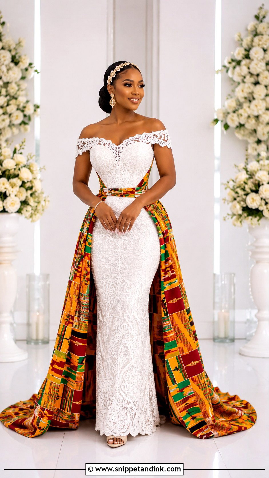 White Lace And Kente African Bridal Gown - Snippet and Ink - 20 African Bridal Wedding Dress Ideas