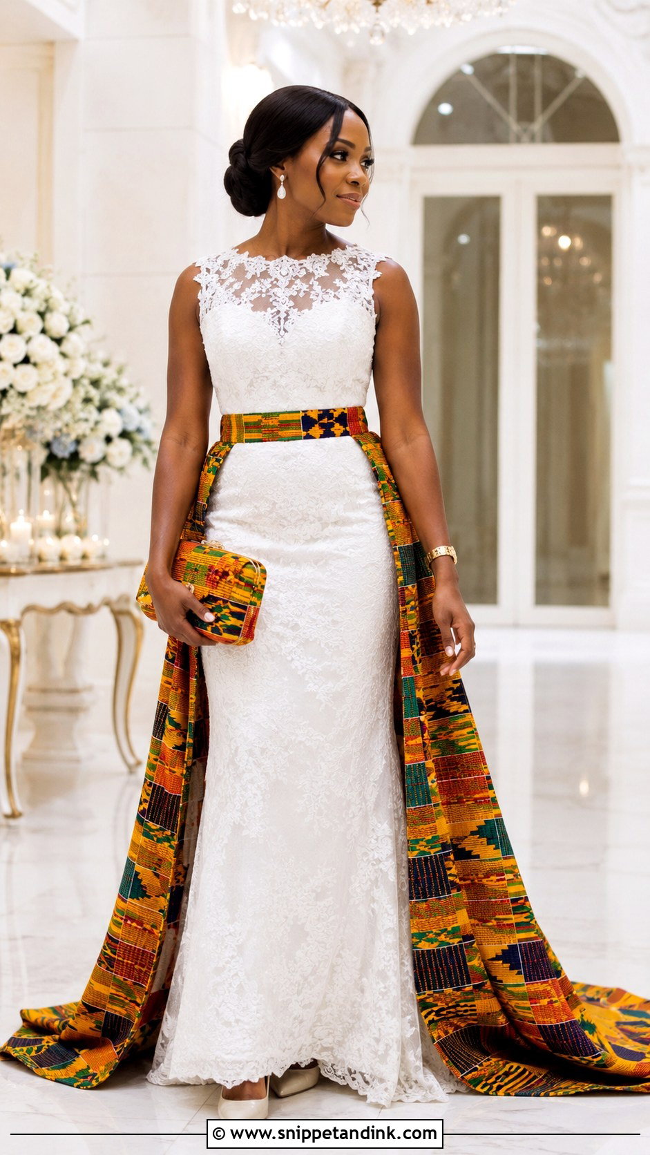 White Lace And Kente Wedding Dress - Snippet and Ink - 20 Ghanian Wedding Dress Ideas