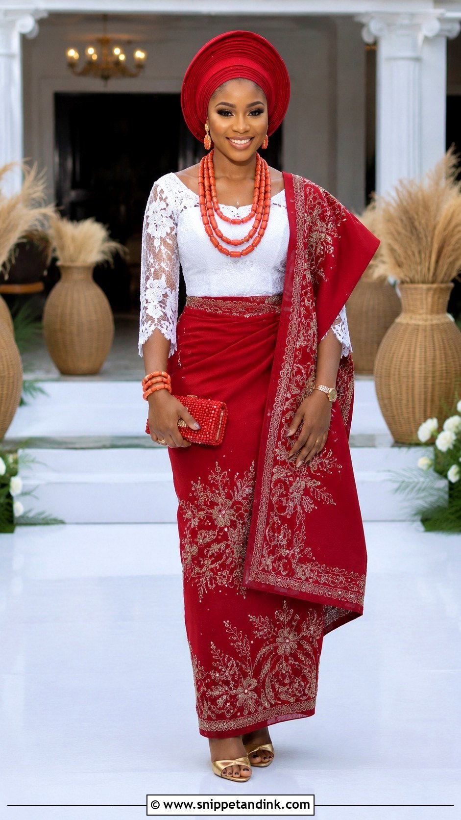 White Lace And Red Wrapper Isoko Outfit - Snippet and Ink - 20 Isoko Traditional Wedding Attire Ideas