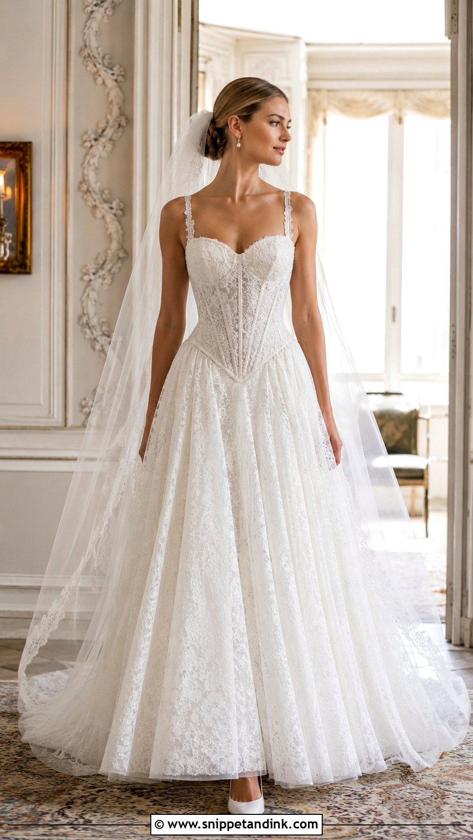 White Lace Basque Waist Wedding Dress - Snippet and Ink - 25 White Lace Wedding Dress Ideas
