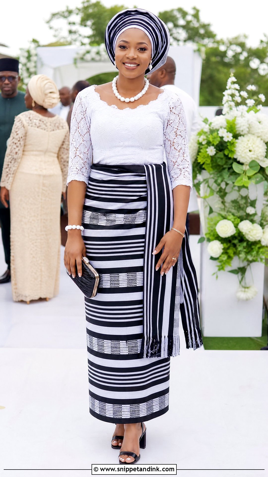 White Lace Blouse And Tiv Anger Wrapper Outfit - Snippet and Ink - 20 Tiv Traditional Wedding Attire Ideas