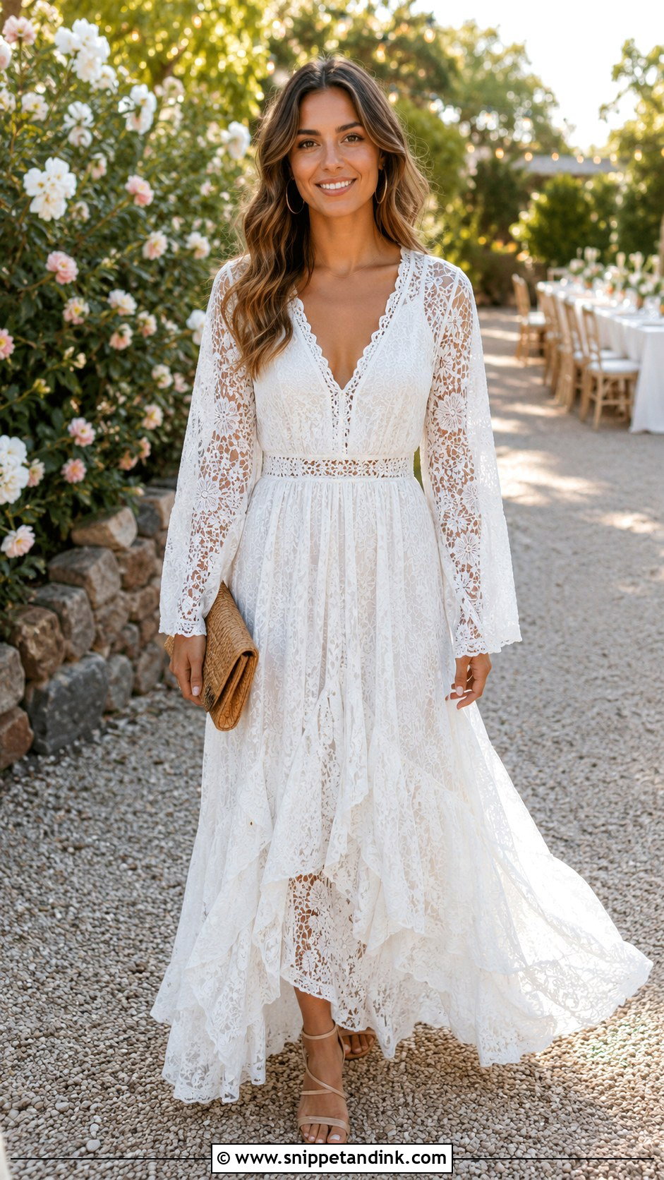 White Lace Boho Gown With Tan Sandals - Snippet and Ink - 30 White Lace Gown Ideas