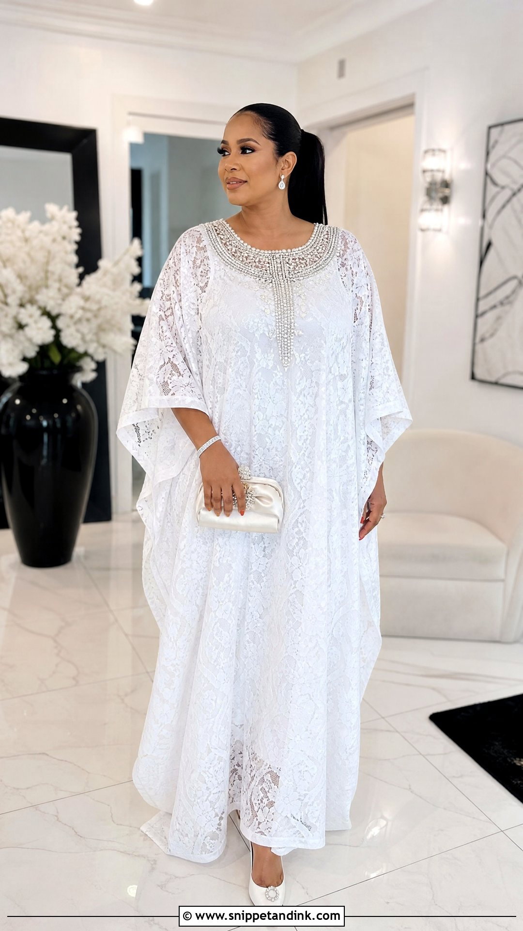 White Lace Bubu Gown With Beaded Neckline - Snippet and Ink - 25 White Lace Bubu Gown Styles
