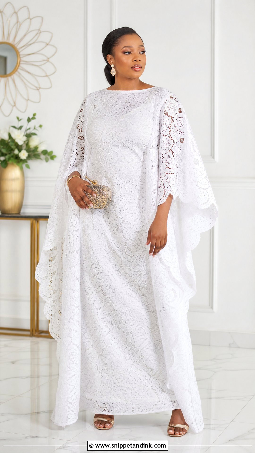 White Lace Bubu Gown With Cape Sleeves - Snippet and Ink - 25 White Lace Bubu Gown Styles
