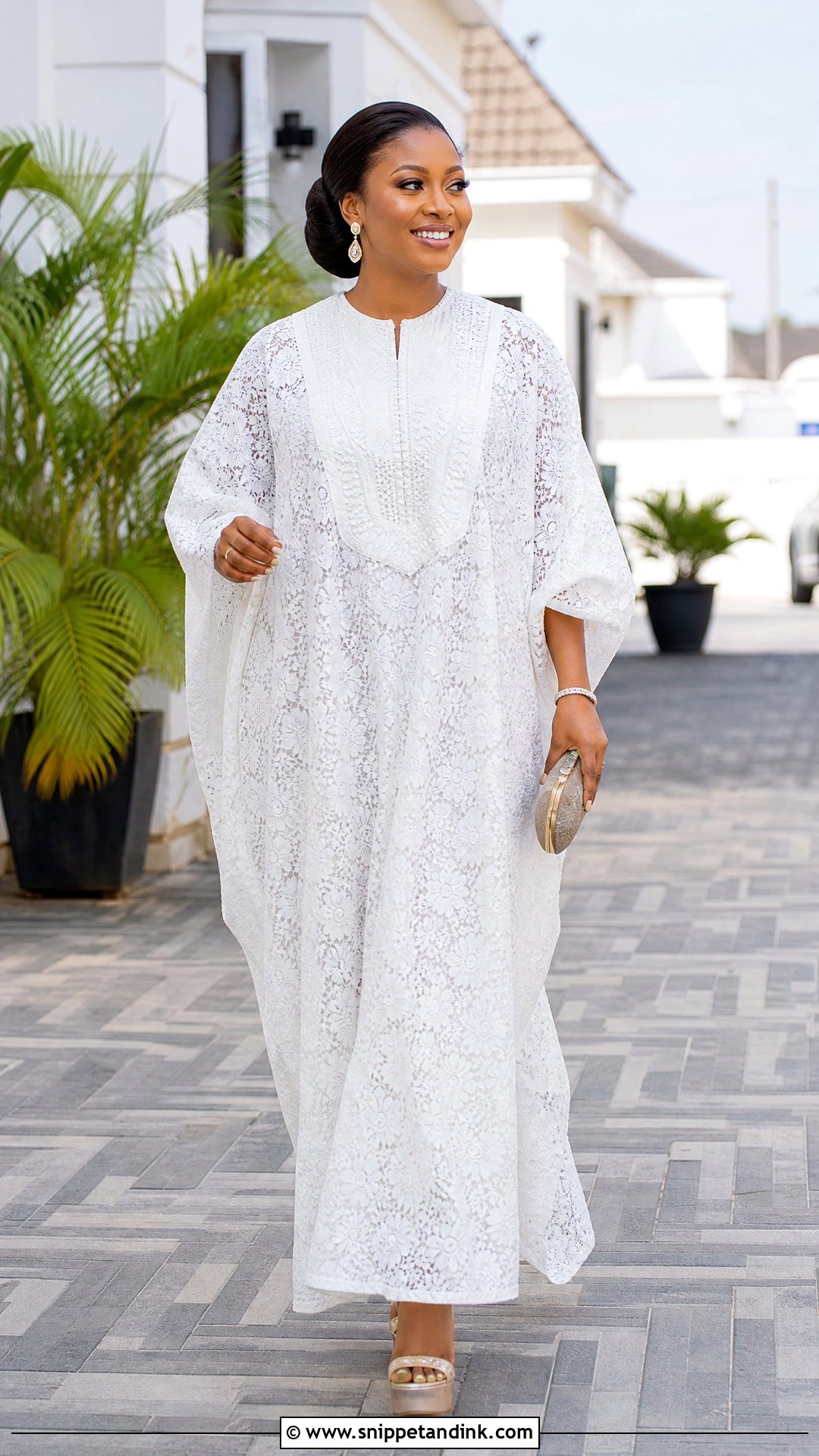 White Lace Bubu Gown With Flared Hem - Snippet and Ink - 25 White Lace Bubu Gown Styles
