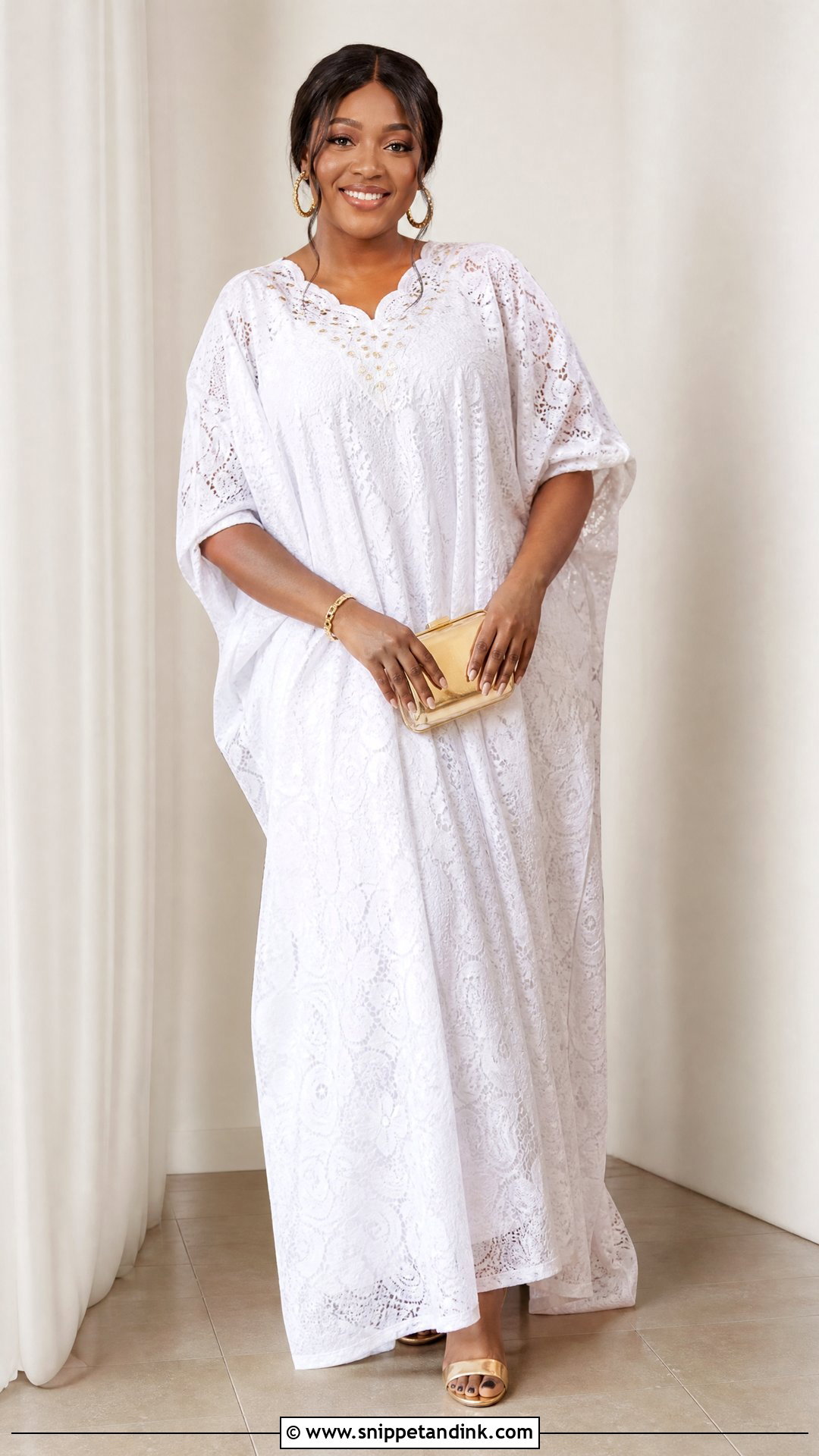 White Lace Bubu Gown With Gold Accessories - Snippet and Ink - 25 White Lace Bubu Gown Styles