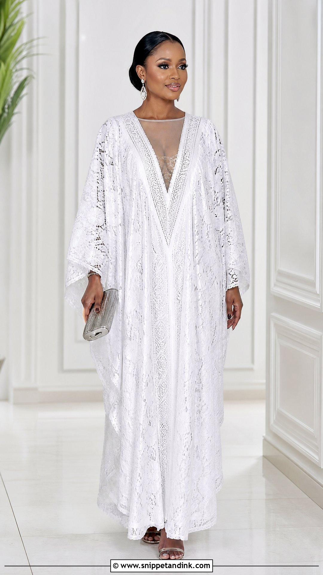 White Lace Bubu Gown With Plunging V Neck - Snippet and Ink - 25 White Lace Bubu Gown Styles
