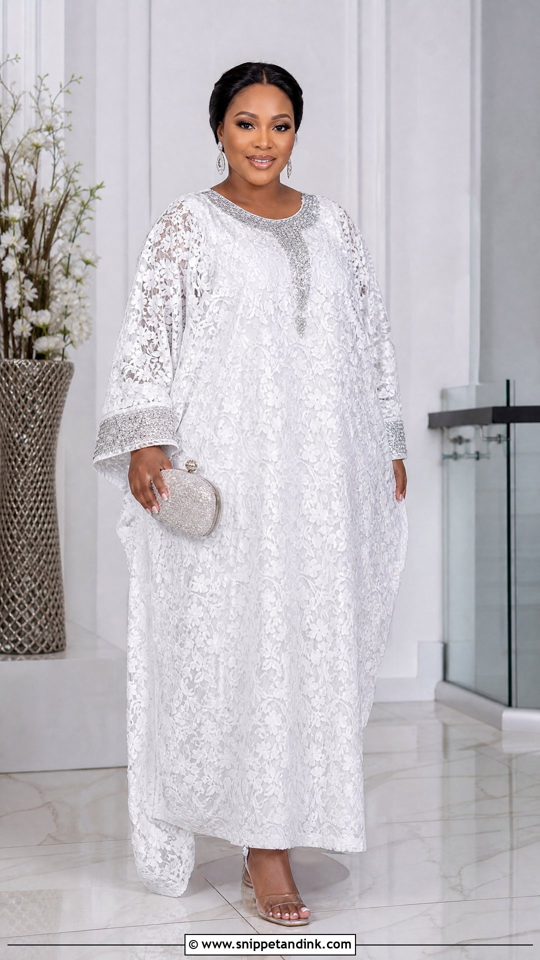 White Lace Bubu Gown With Rhinestone Details - Snippet and Ink - 25 White Lace Bubu Gown Styles