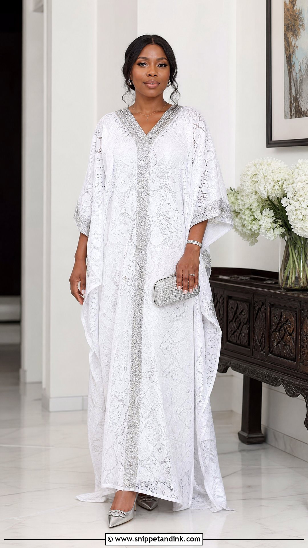 White Lace Bubu Gown With Sequin Accent - Snippet and Ink - 25 White Lace Bubu Gown Styles