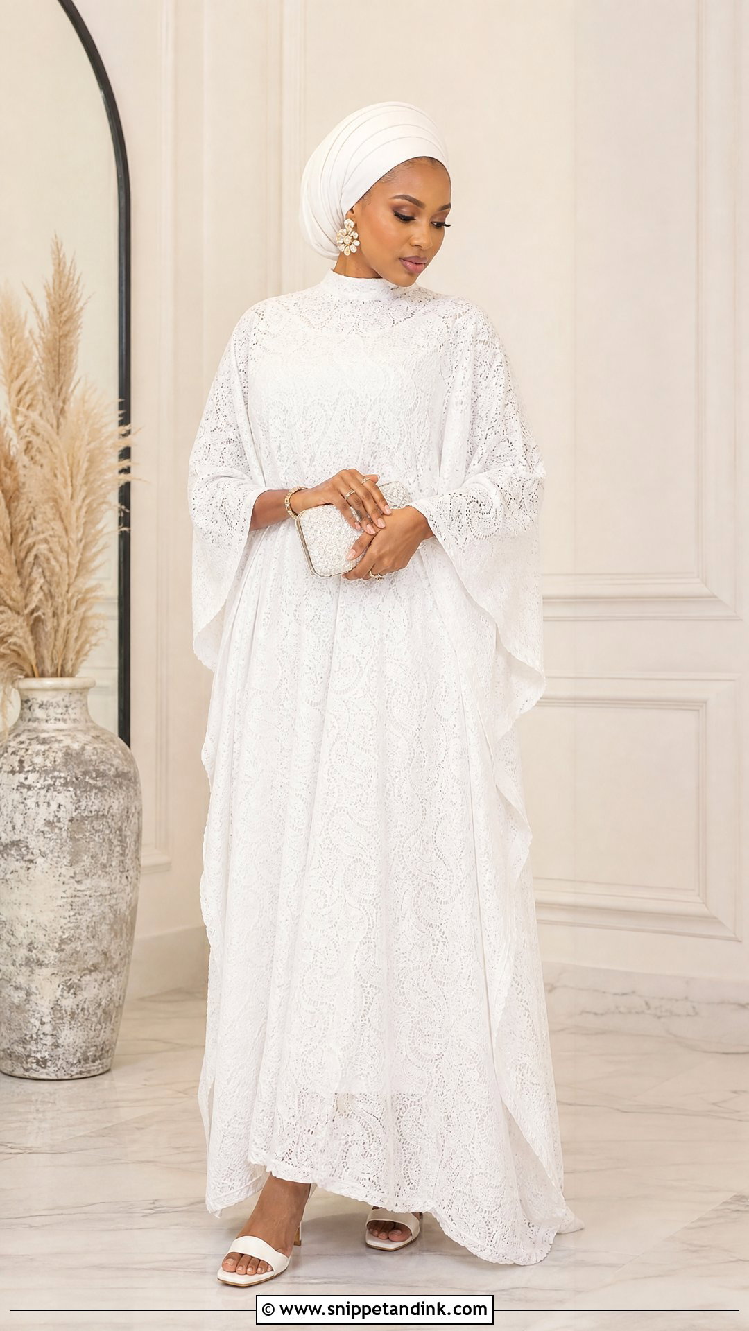 White Lace Bubu Gown With White Turban - Snippet and Ink - 25 White Lace Bubu Gown Styles