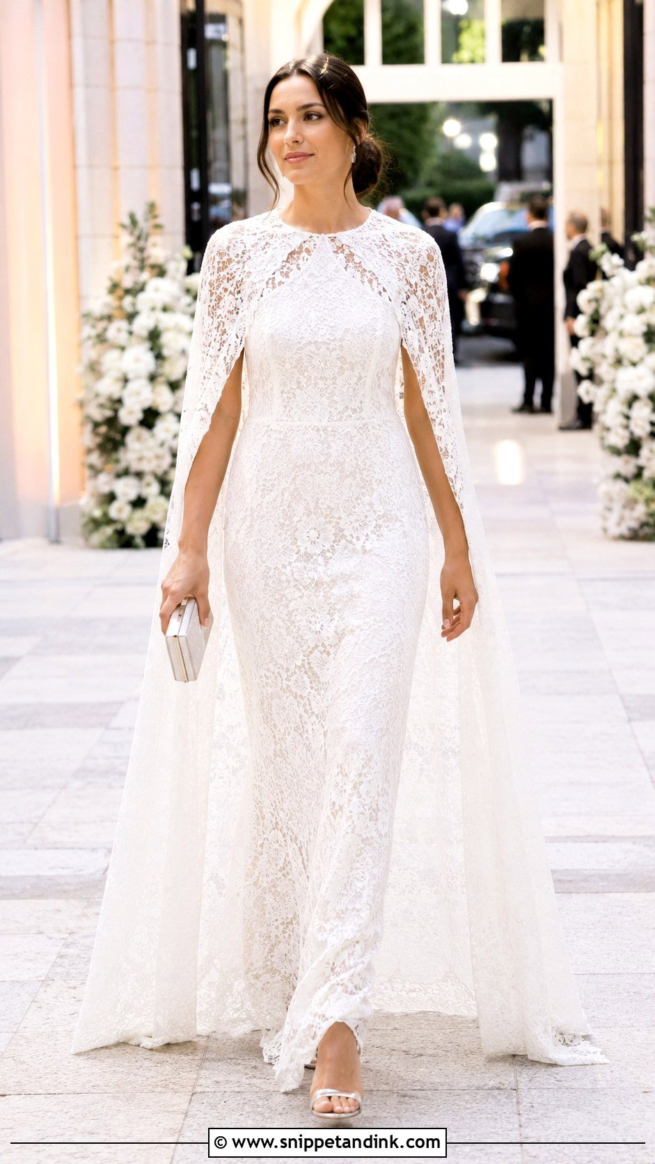 White Lace Cape Gown With Metallic Heels - Snippet and Ink - 30 White Lace Gown Ideas