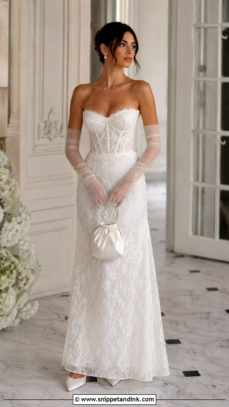 White Lace Corset Gown With Sheer Gloves - Snippet and Ink - 30 White Lace Gown Ideas
