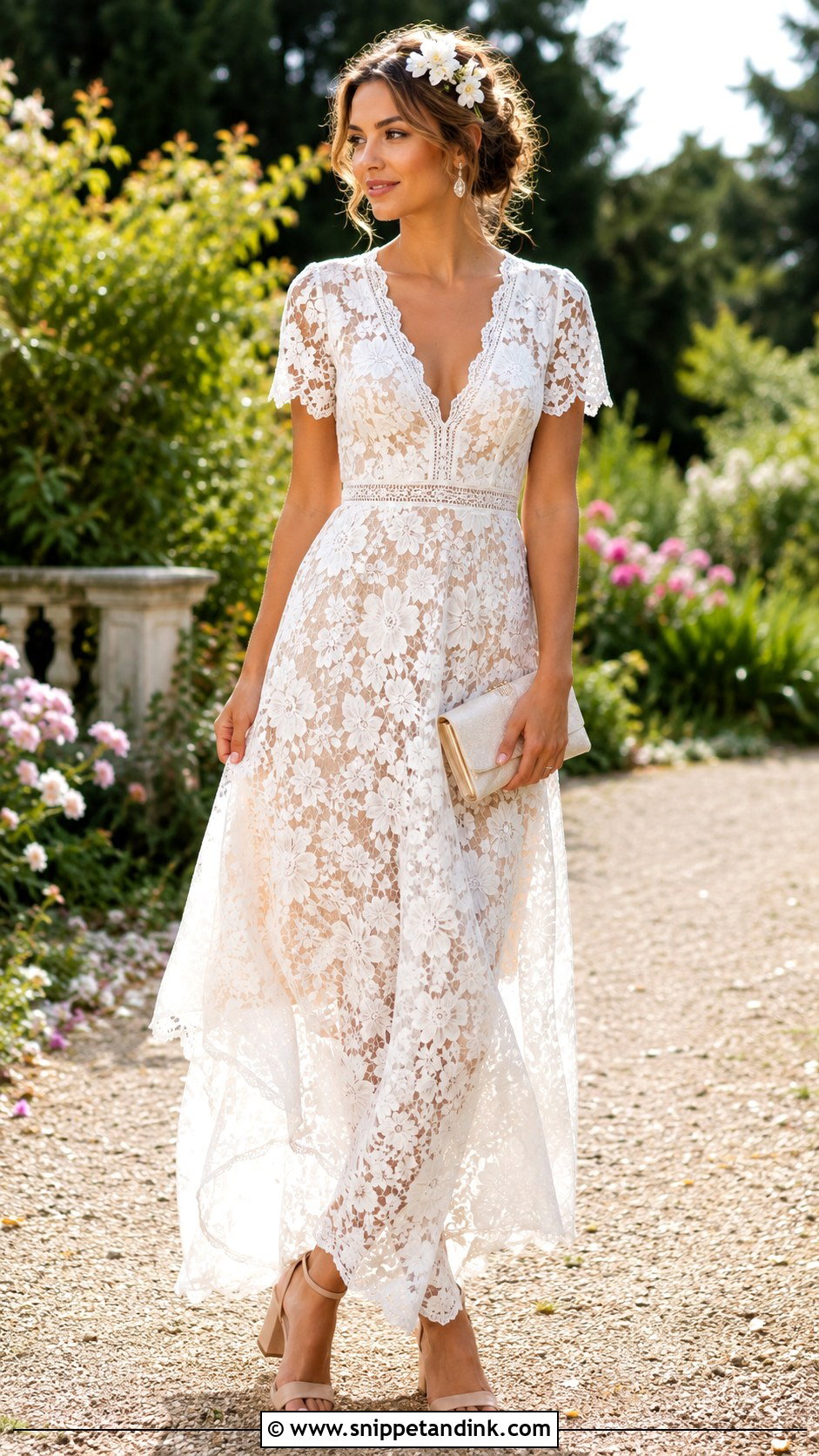 White Lace Garden Gown With Floral Accessories - Snippet and Ink - 30 White Lace Gown Ideas