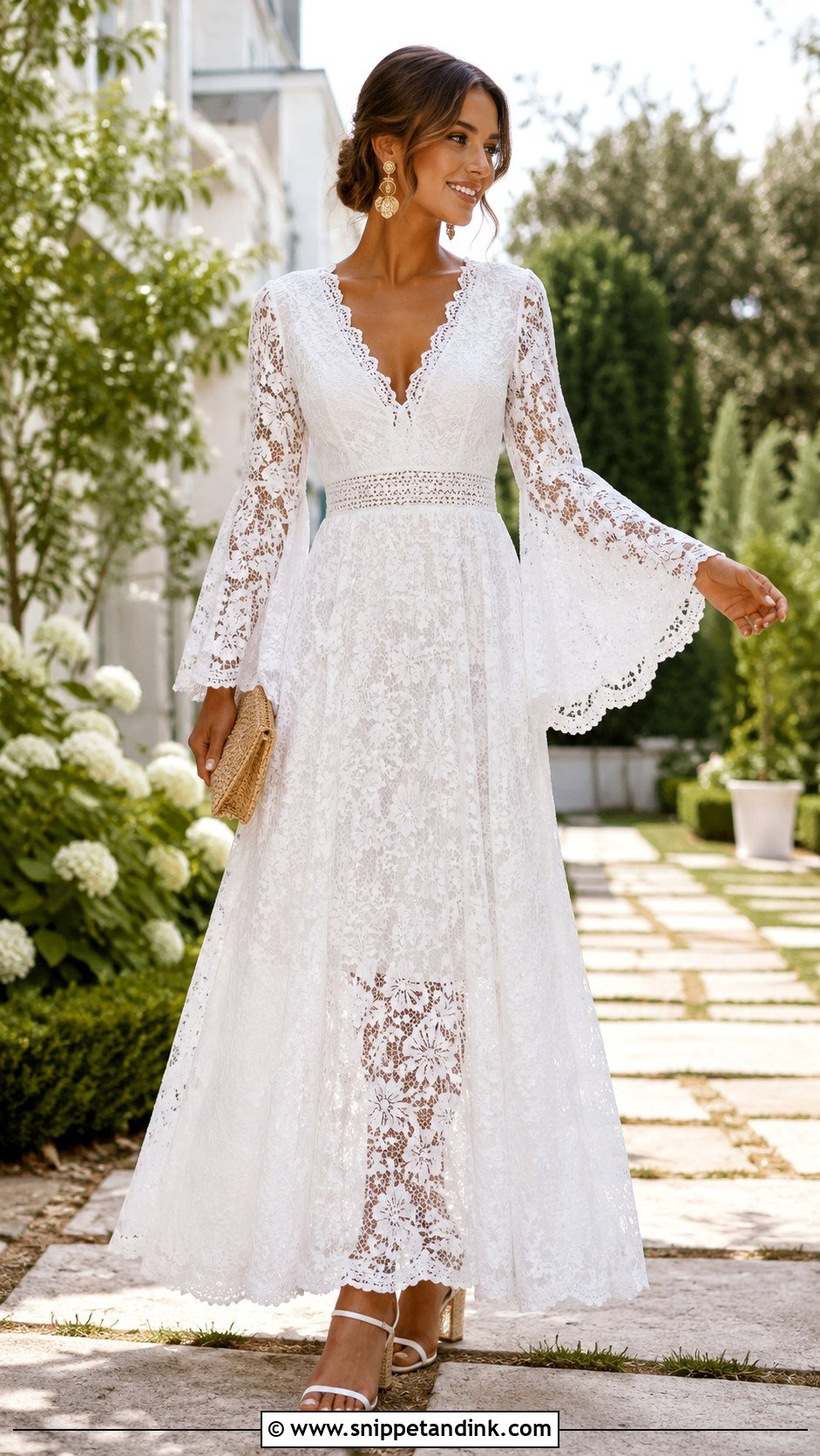 White Lace Gown With Bell Sleeves - Snippet and Ink - 30 White Lace Gown Ideas