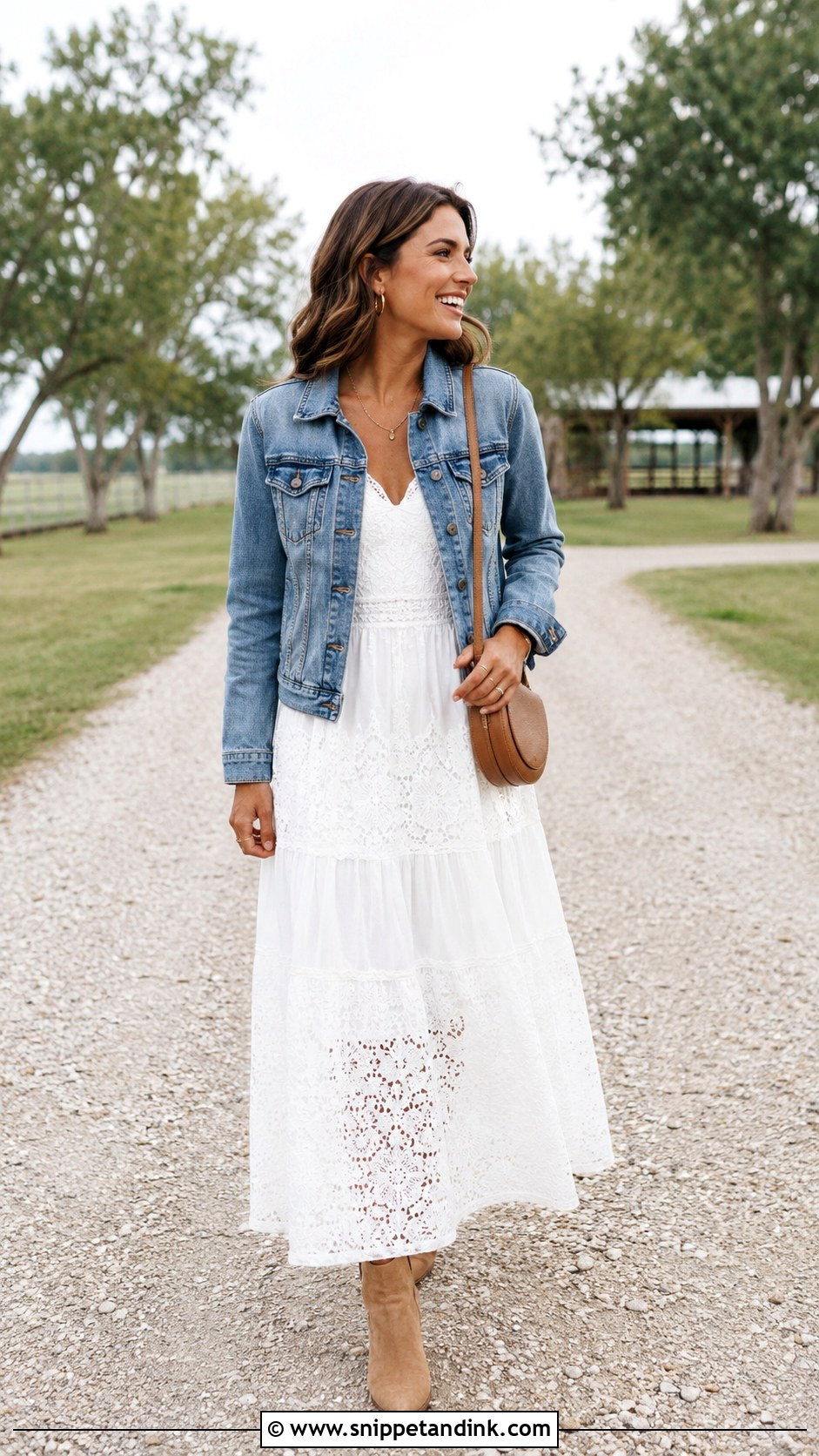 White Lace Gown With Denim Jacket And Boots - Snippet and Ink - 30 White Lace Gown Ideas