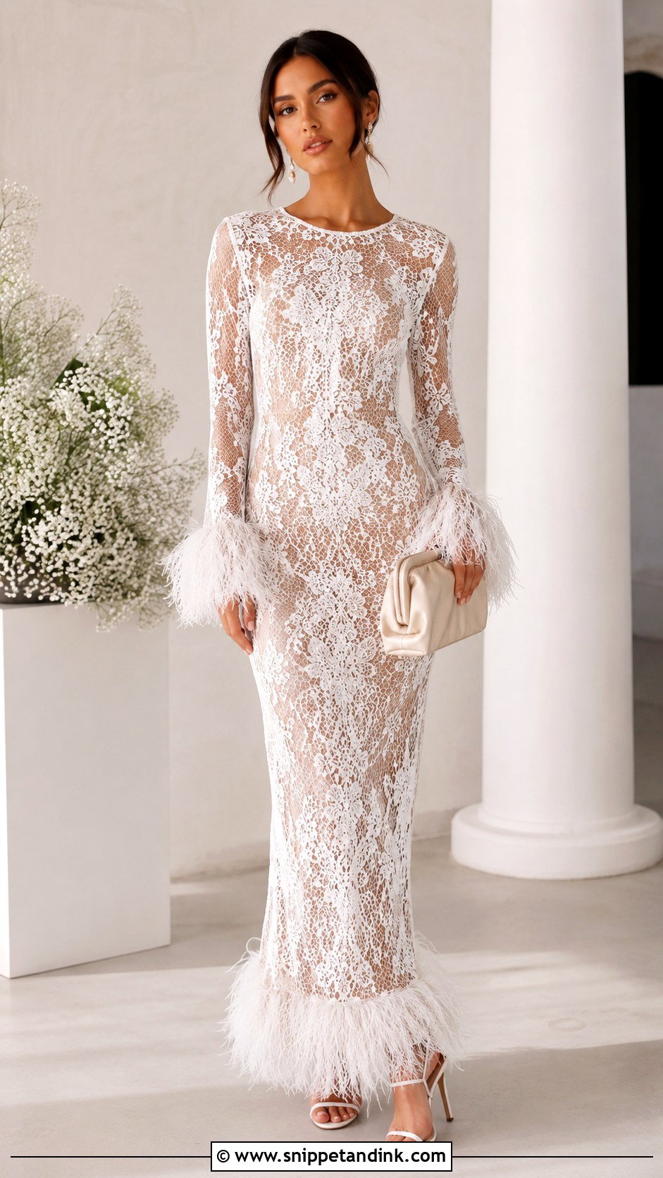 White Lace Gown With Feather Trim - Snippet and Ink - 30 White Lace Gown Ideas