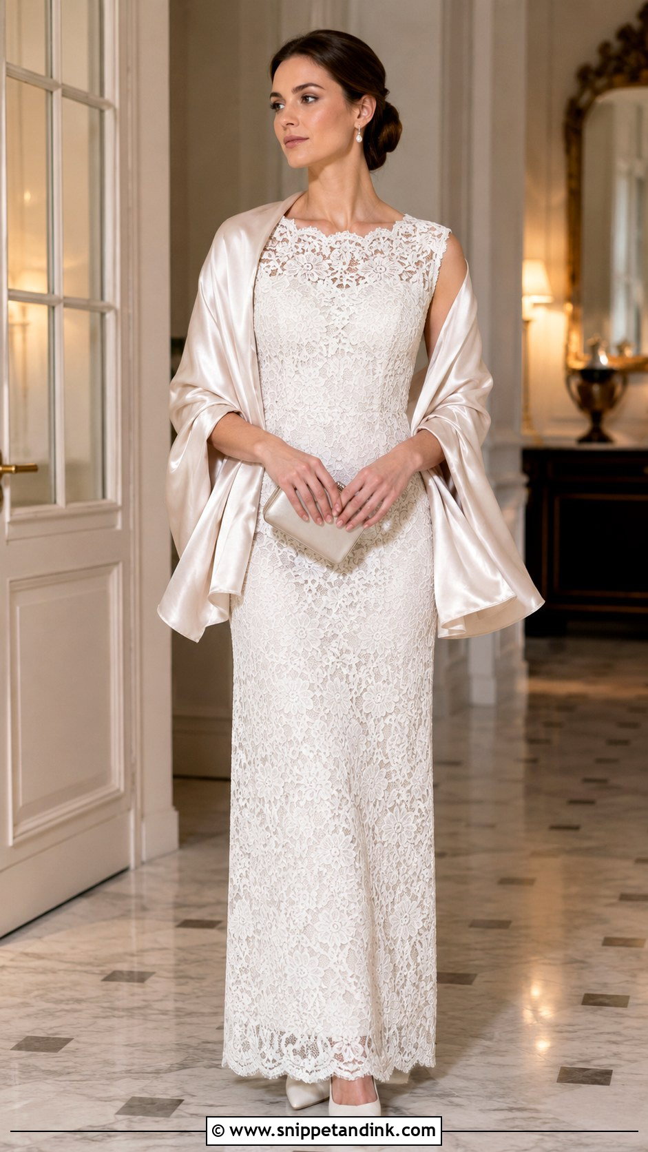White Lace Gown With Satin Shawl - Snippet and Ink - 30 White Lace Gown Ideas