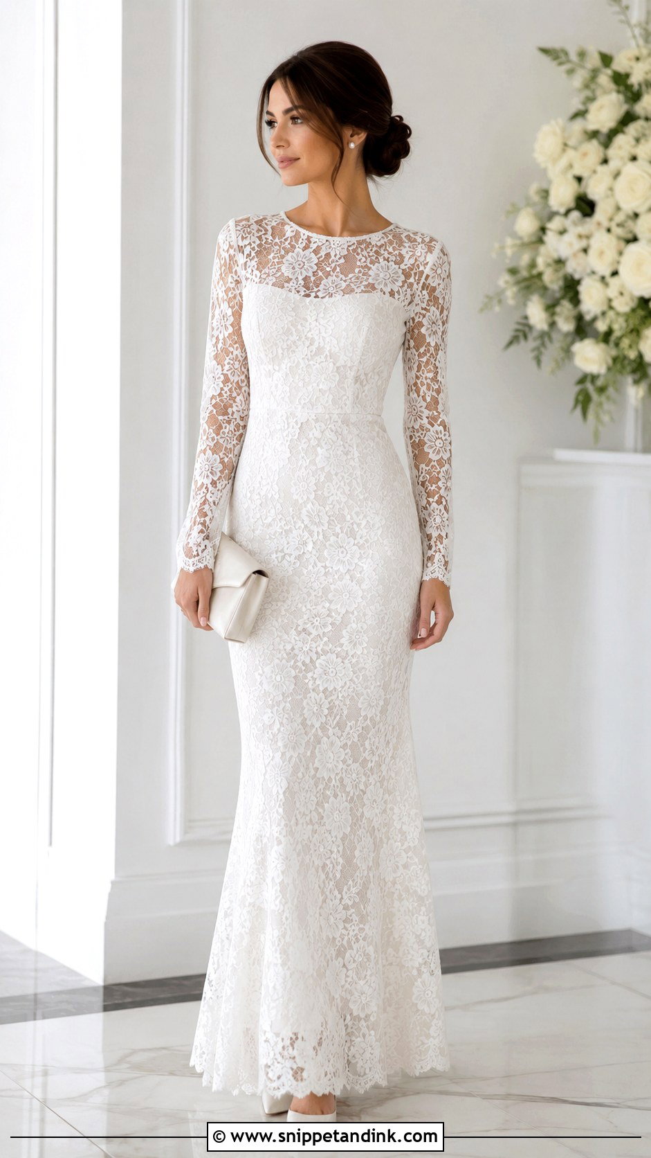 White Lace Gown With Sheer Sleeves - Snippet and Ink - 30 White Lace Gown Ideas
