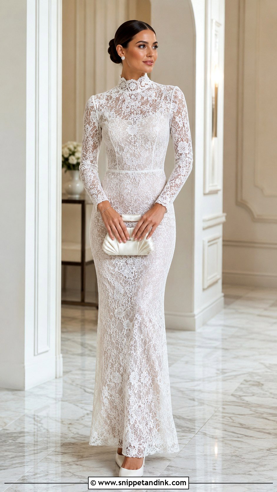 White Lace High Neck Gown With Sleek Bun - Snippet and Ink - 30 White Lace Gown Ideas