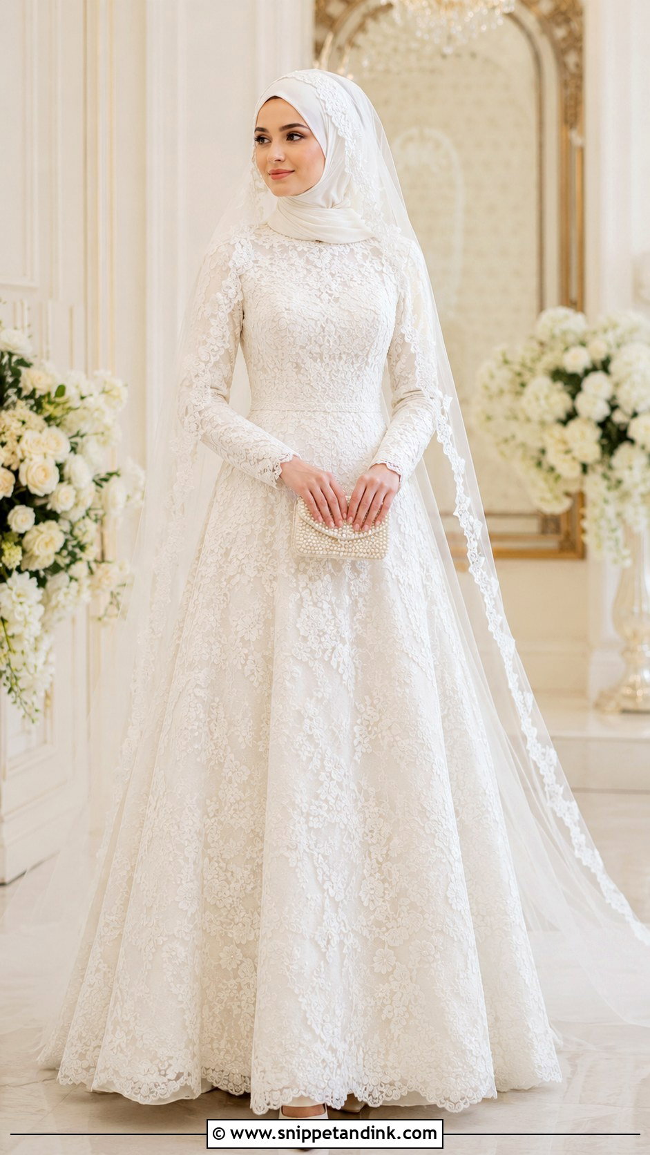 White Lace Islamic Bridal Gown With Hijab - Snippet and Ink - 20 Islamic Bride Dress Ideas