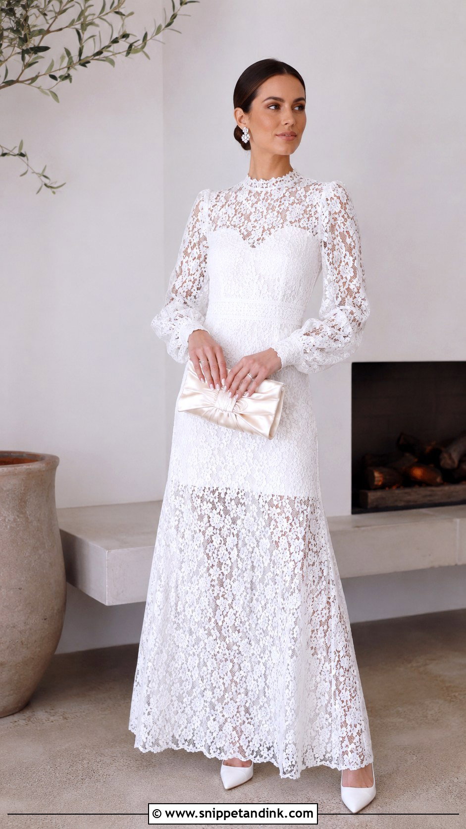 White Lace Long Sleeve Gown With Pointed Heels - Snippet and Ink - 30 White Lace Gown Ideas