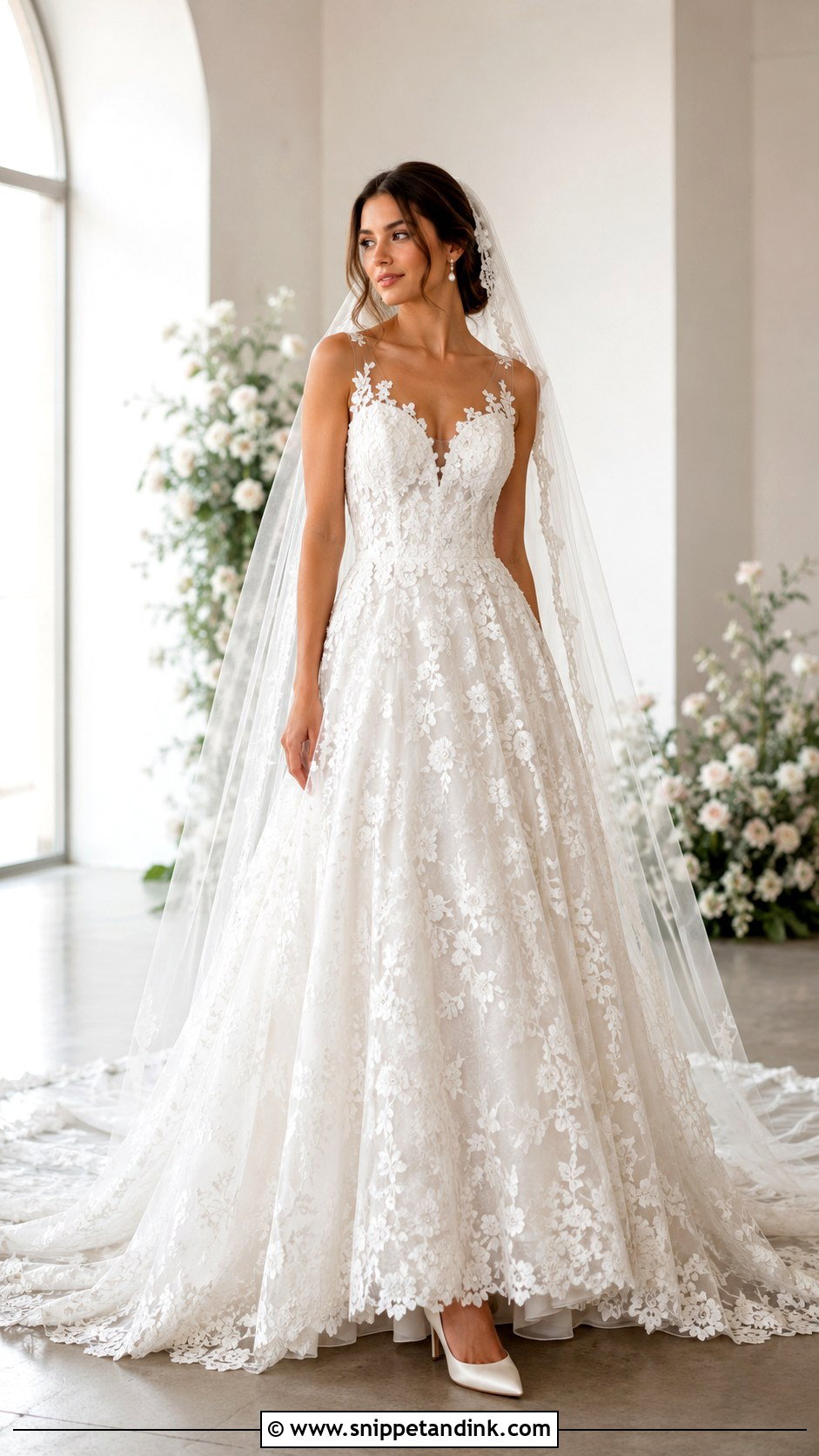 White Lace Long Tail Bridal Gown - Snippet and Ink - 20 Long Tail Gown Ideas