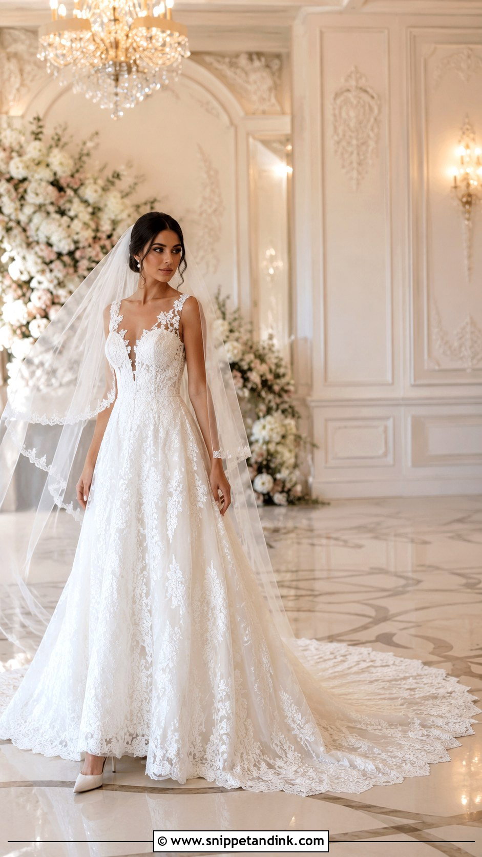 White Lace Long Trail Bridal Gown - Snippet and Ink - 20 Long Trail Gown Ideas