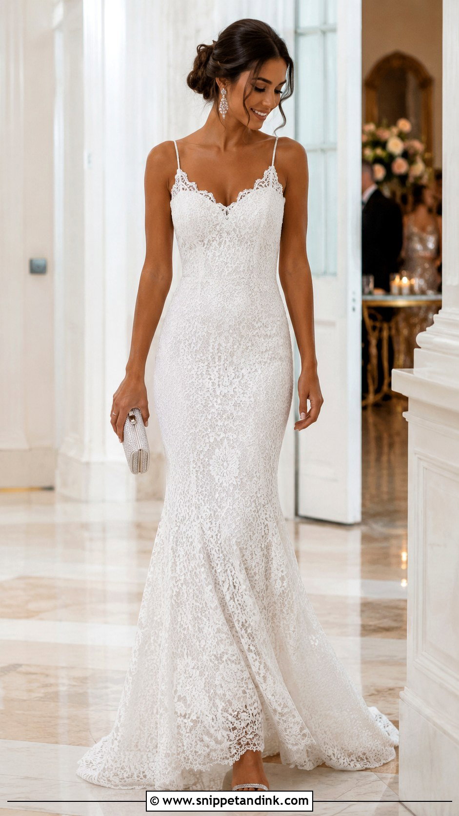 White Lace Mermaid Gown With Silver Sandals - Snippet and Ink - 30 White Lace Gown Ideas