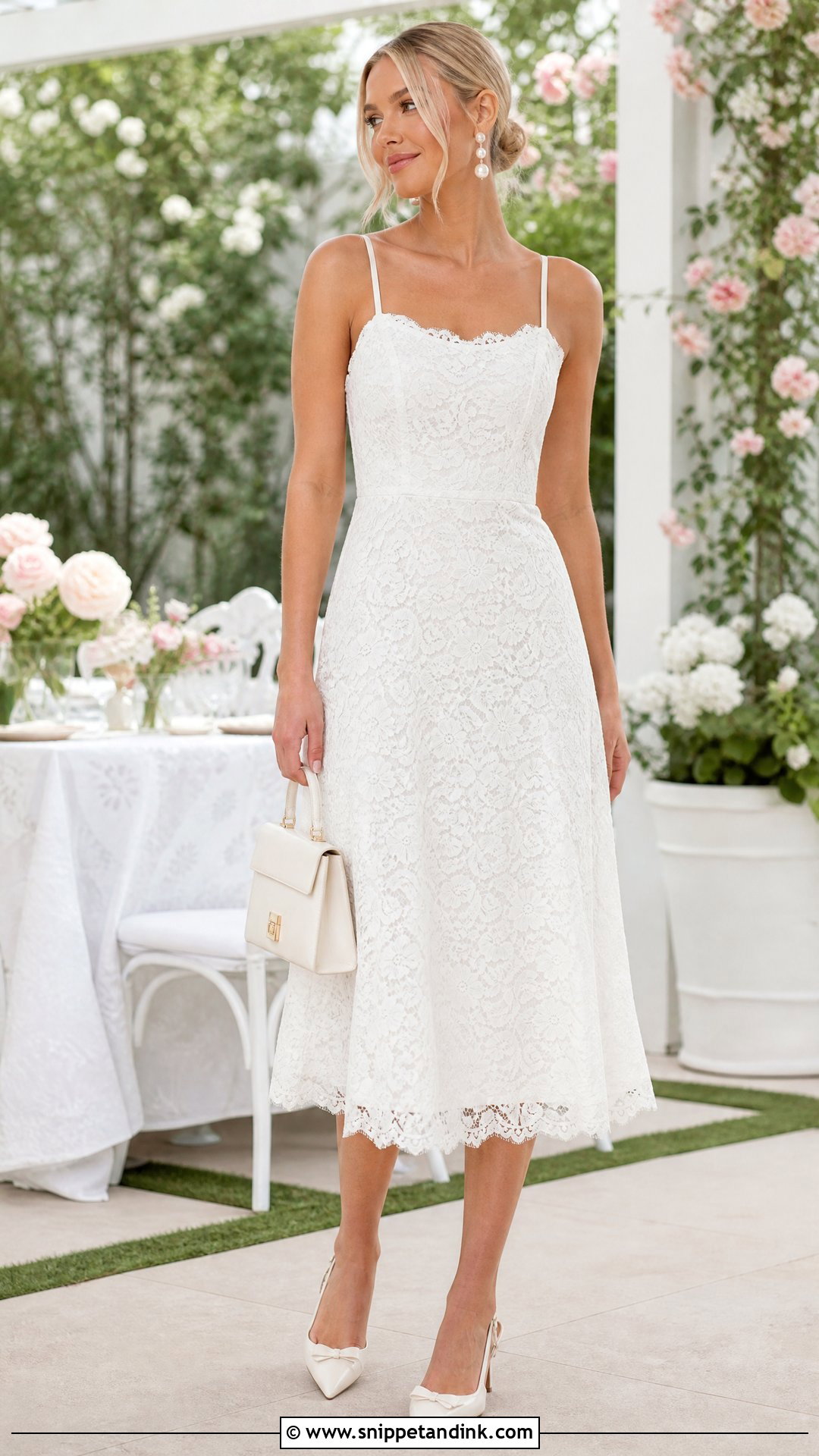 White Lace Midi Bridal Shower Outfit - Snippet and Ink - 20 White Bridal Ideas