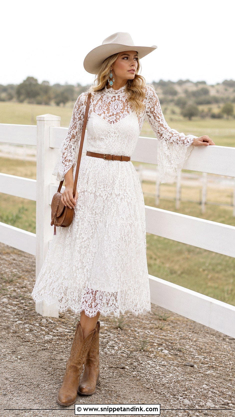 White Lace Midi Dress Bridal Cowgirl Outfit - Snippet and Ink - 20 Bridal Cowgirl Outfit Ideas